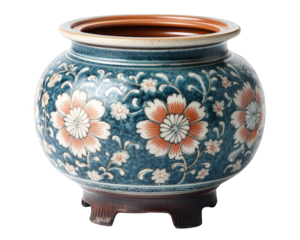 ceramic pot with floral patterns, featuring vibrant blue background and intricate designs. This decorative piece adds elegance to any space