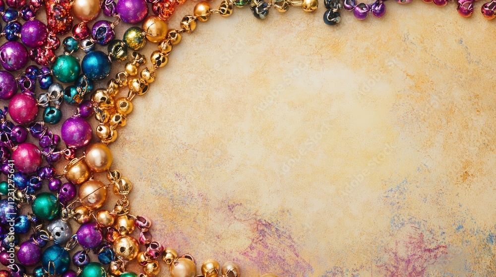 Poster a colorful string of beads with a gold background. the beads are of different colors and sizes. the 