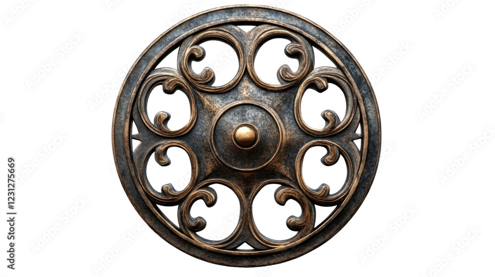 Poster round ornamental metal object showing intricate design with transparent background