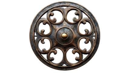 Round ornamental metal object showing intricate design with transparent background
