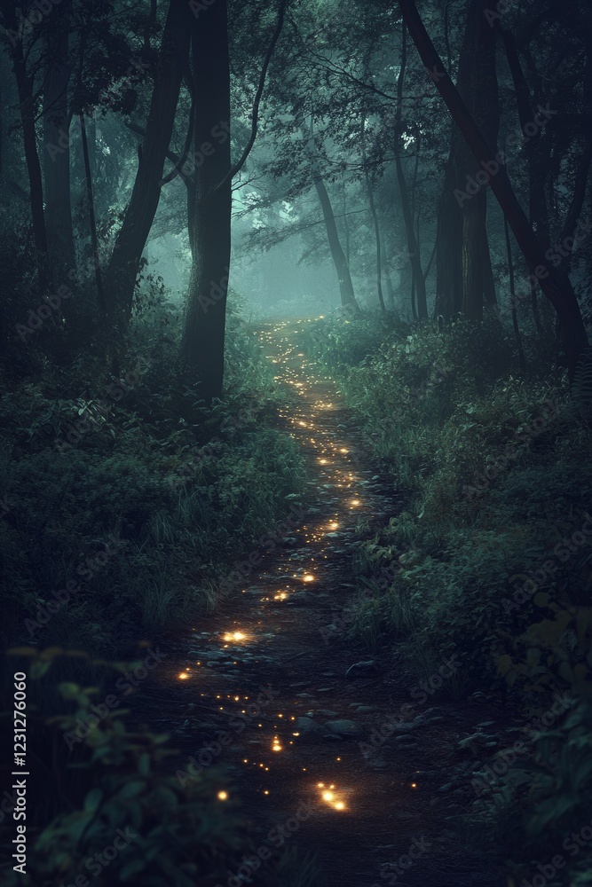 Poster explore a mystical forest path illuminated by magical lights and enveloped in serenity