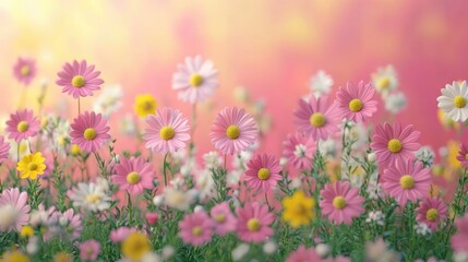Vibrant Colorful Flower Field with Soft Focus Background