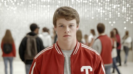 Fototapeta premium Teen in Red Jacket Among Crowd of Students in Modern Setting