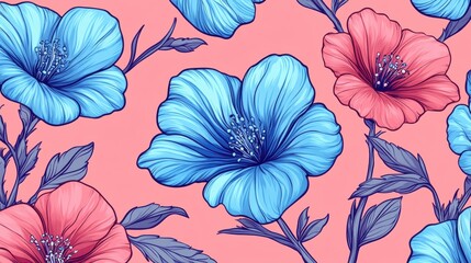 Vibrant Floral Pattern with Blue and Red Flowers on Pink Background