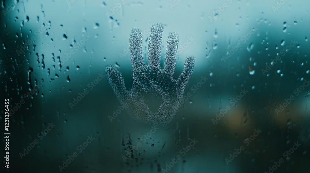 Poster a hand is shown in a window with raindrops on it. the hand is partially covered by the window