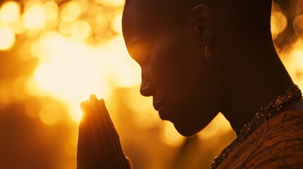 A silhouette of a person in prayer, illuminated by warm sunlight, evokes tranquility and spiritual reflection.