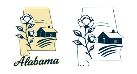 Alabama State Outlines Featuring Cotton Flower Building and Map