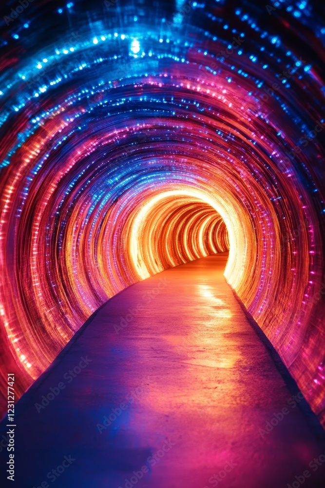 Poster a tunnel with a bright red and blue light shining on it. the tunnel is long and narrow, and the ligh