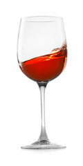 Rose wine splashing in glass on white background