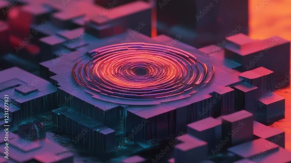 Poster a colorful building with a large circle in the middle. the circle is surrounded by a purple and oran