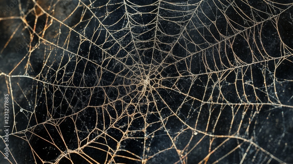 Poster Close-up of a spider web with dew drops, showcasing intricate patterns against a dark backdrop.