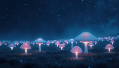 "A mesmerizing landscape of bioluminescent mushrooms glows softly under a starry night sky. Their luminescent caps shimmer in hues of blue and pink, casting an ethereal glow across the forest floor, c