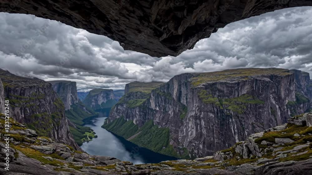 Poster a panoramic view of a winding fjord framed by dramatic cliffs, with low-hanging clouds adding a myst