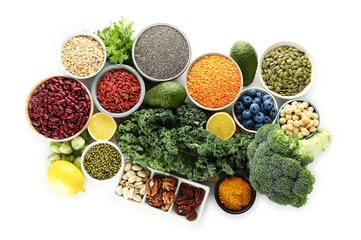 Superfood. Different healthy food products isolated on white, top view