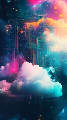Obraz premium Futuristic Neon Cloudscape: Abstract Digital Art with Vivid Technological Patterns