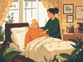 A caregiver comforting an elderly person lying in bed. Providing care