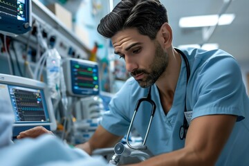 A respiratory therapist in light blue scrubs focuses on adjusting oxygen equipment for a patient in a well-equipped hospital room, ensuring optimal respiratory care and patient comfort