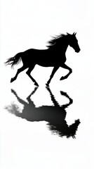 Black silhouette of a horse running with its reflection on water, creating a striking and artistic image.