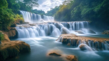 Fototapeta premium Serene Waterfall in Lush Jungle, Tranquil Nature Scene, Tourism Poster