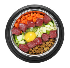 Dry pet food and natural products isolated on white, top view