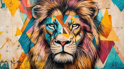 Geometric Lion Mural Street Art Colorful Background