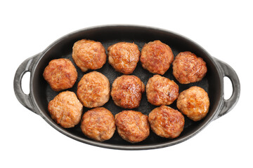 Tasty meatballs in baking dish isolated on white, top view