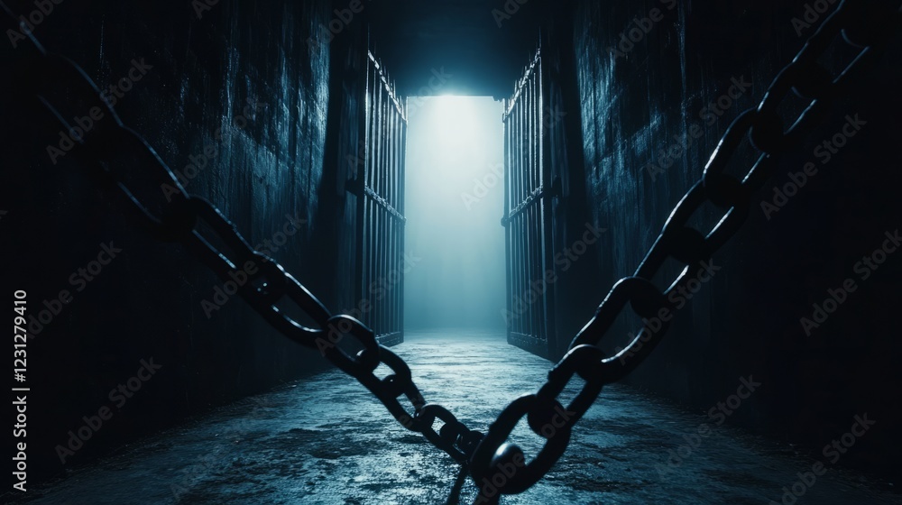 Poster a dimly lit room with a chain hanging from the ceiling. the chain is positioned in the middle of the