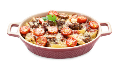 Delicious pasta casserole with cheese, tomatoes and minced meat in baking dish isolated on white