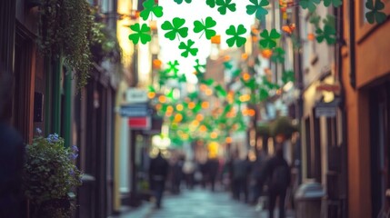 Naklejka premium Festive Green And Orange Clovers Adorn Dublin Alleyway