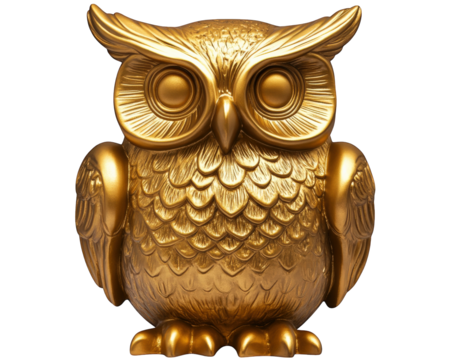 Golden owl statue with intricate details, isolated on transparency background, showcasing its majestic features and artistic craftsmanship