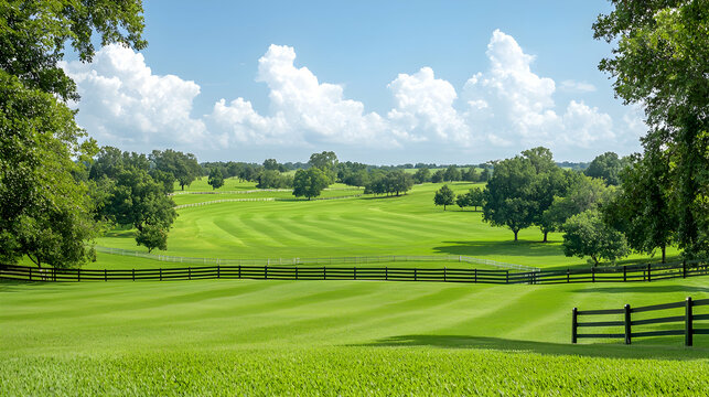 Scenic golf course landscape, sunny day, rolling hills, green grass