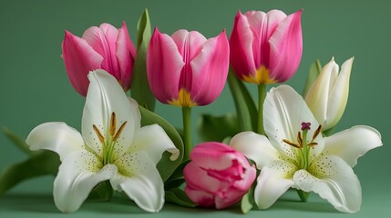 Fototapeta premium Bright pink tulips and white lilies on a muted green background, floral flat lay card idea