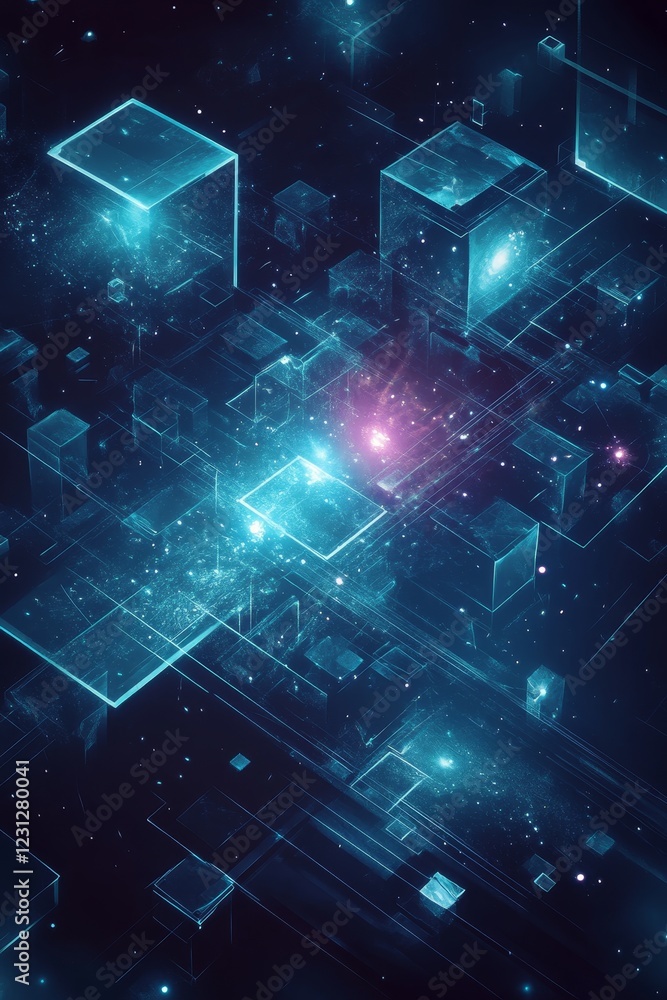 Poster a blue and purple image of a cityscape with many cubes. the cubes are lit up and appear to be floati