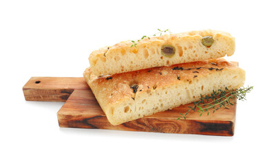 Pieces of delicious focaccia bread with olives and thyme isolated on white