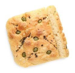 Pieces of delicious focaccia bread with olives and thyme isolated on white, top view