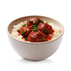 Tasty meatballs with sauce and rice isolated on white