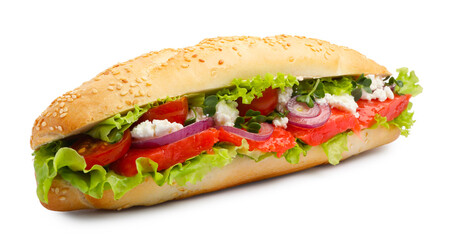Delicious baguette sandwich with salmon isolated on white