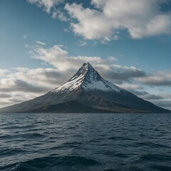 A lonely mountain peak rising above an endless ocean.