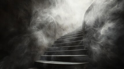 A staircase with smoke coming out of it. The smoke is white and grey. The staircase is dark and the smoke is filling the area