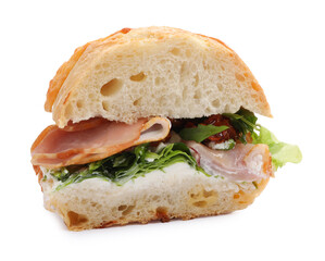 Delicious sandwich with prosciutto and sun dried tomatoes isolated on white