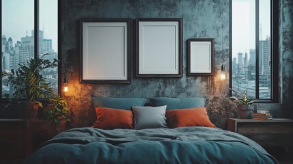 Modern Cozy Bedroom with Urban Skyline and Elegant Decor Elements