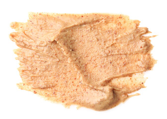 Sample of tasty nut butter isolated on white, top view