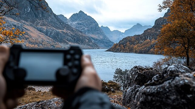 A person holding a game controller overlooking a serene lake surrounded by autumn mountains