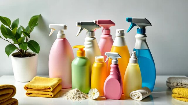 A row of cleaning supplies, including a yellow bottle of Windex. There are also a few other bottles of Windex and a bottle of Windex spray