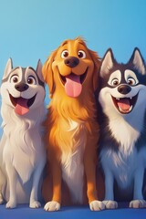 Happy dogs sitting, outdoor background, pet animation, stock image