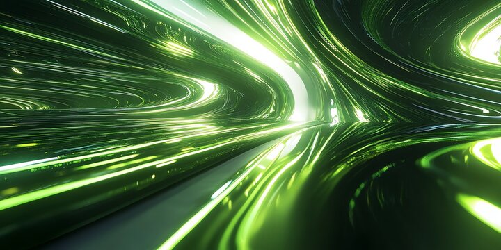 Futuristic curved and wavey lines, 3D, reflective, green and black, pattern, 32K, Unreal Engine 5 rendering, cinematic lighting, green neon glow, cyberpunk-inspired aesthetic.