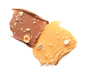 Different nut butters and nuts isolated on white, top view