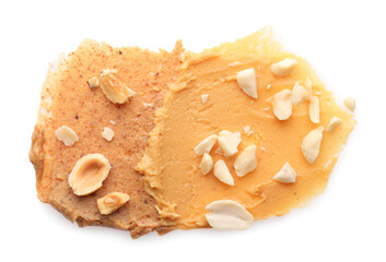 Different nut butters and nuts isolated on white, top view