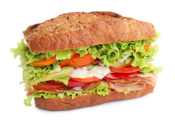 Delicious baguette sandwich with tomatoes and yellow beans isolated on white