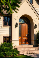 Fototapeta premium Elegant Home Entrance: Architectural Design and Landscaping. Discover the beauty of this luxury house's exterior, showcasing its stunning front door, landscaping, and architectural details.